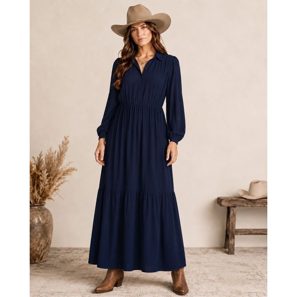 Rachel Zoe Maxi Long Sleeve Navy Tiered Dress XL NEW Lagenlook Casual #800
